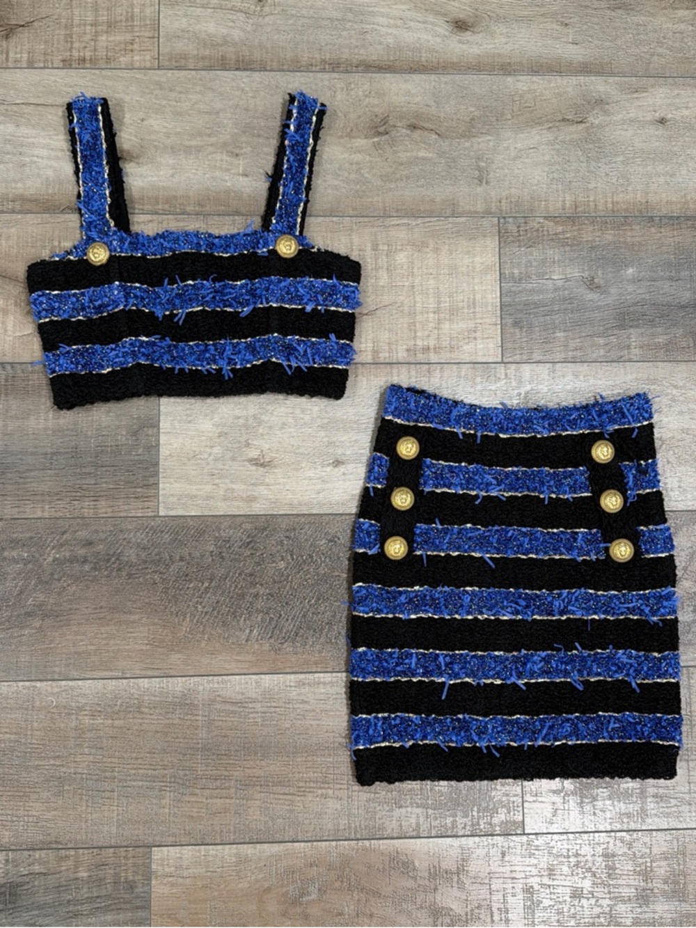 Balmain striped tweed crop top and skirt set in blue/black - Picture 6 of 12